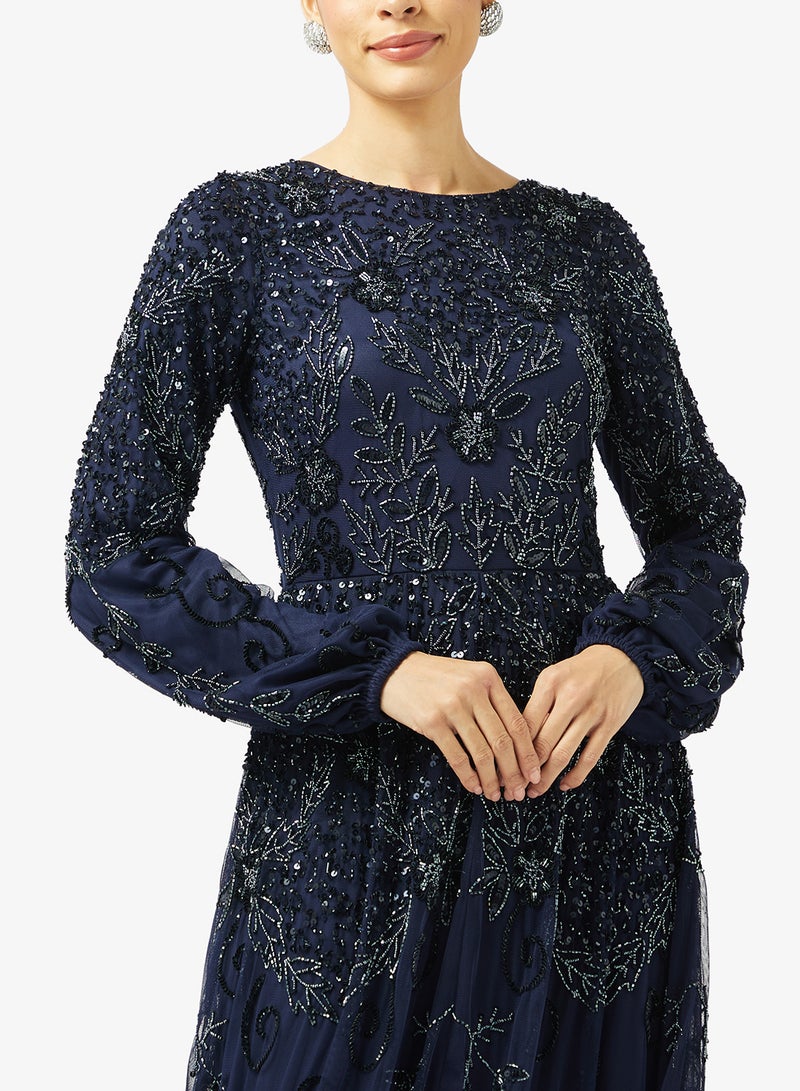 MARYISA Crew Neck Mesh Detailed Maxi Dress - Image 3